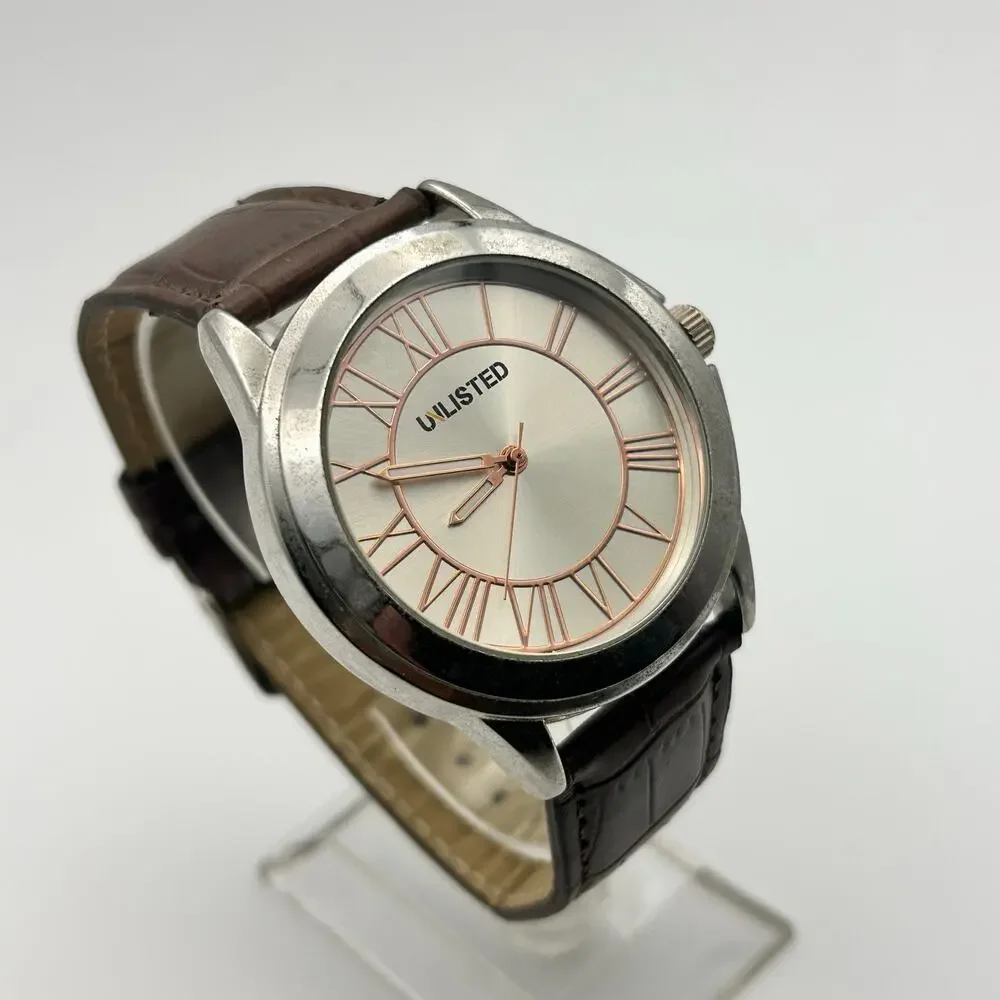UNLISTED UL1295 Silver Tone Brown Leather 42mm Men’s Watch Working